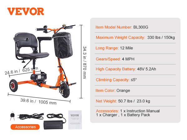 VEVOR mobility scooter, orange, 330 lbs capacity, 12-mile range, 48v battery, includes charger and manual.