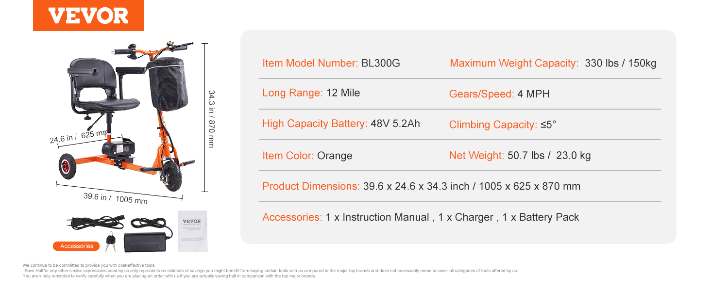VEVOR mobility scooter, orange, 330 lbs capacity, 12-mile range, 48v battery, includes charger and manual.