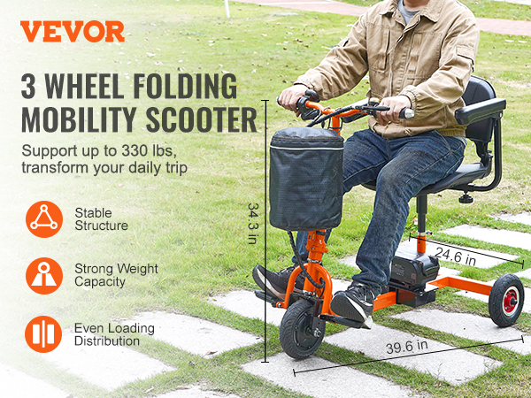 VEVOR mobility scooter, 3-wheel folding design, stable structure, supports up to 330 lbs, outdoor use.