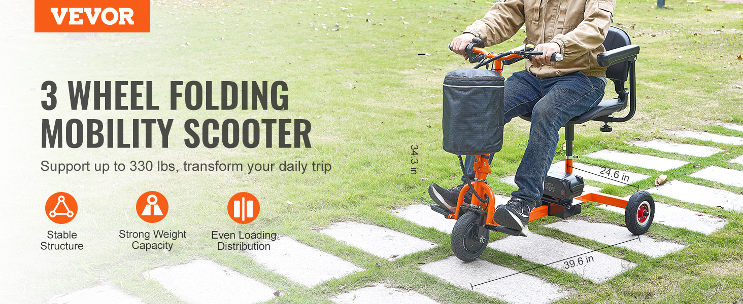VEVOR mobility scooter, 3-wheel folding design, stable structure, supports up to 330 lbs, outdoor use.