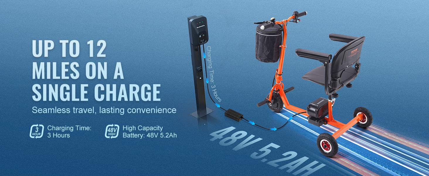 VEVOR mobility scooter, up to 12 miles range, 48v 5.2ah battery, 3-hour charge time.