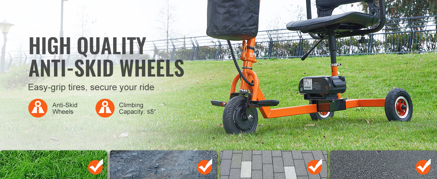 high-quality anti-skid wheels on VEVOR mobility scooter provide easy-grip for secure rides on various terrains.