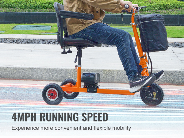 man riding an orange VEVOR mobility scooter showcasing 4mph running speed for convenient mobility.
