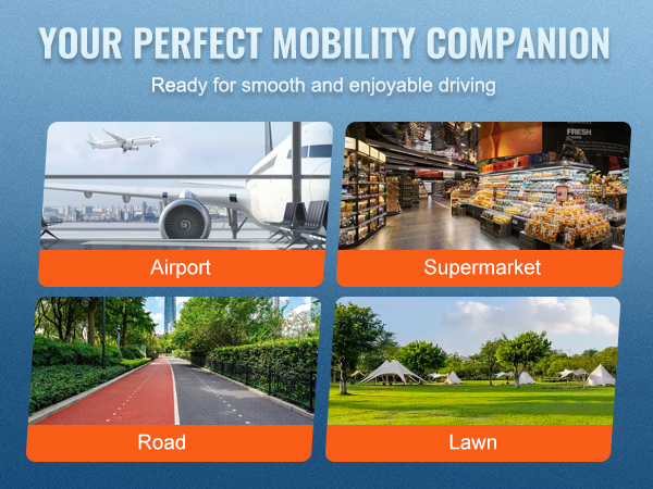 VEVOR mobility scooter's versatility showcased at airport, supermarket, road, and lawn for smooth driving.