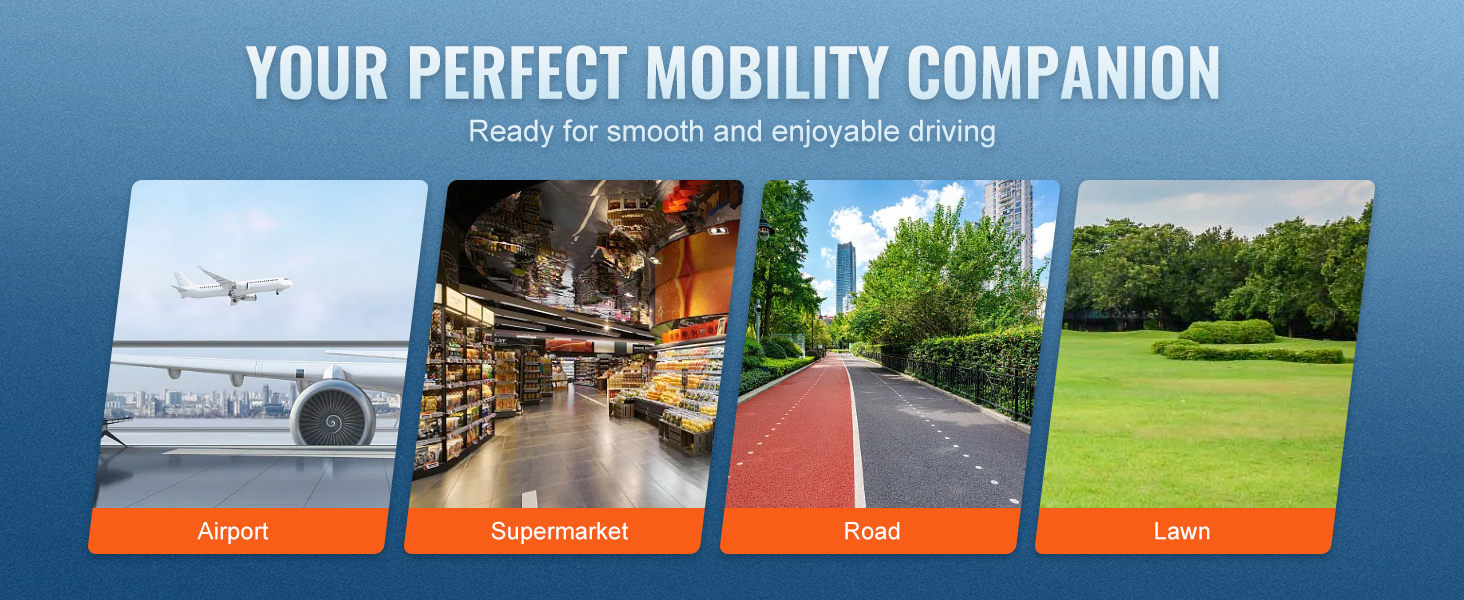 VEVOR mobility scooter's versatility showcased at airport, supermarket, road, and lawn for smooth driving.