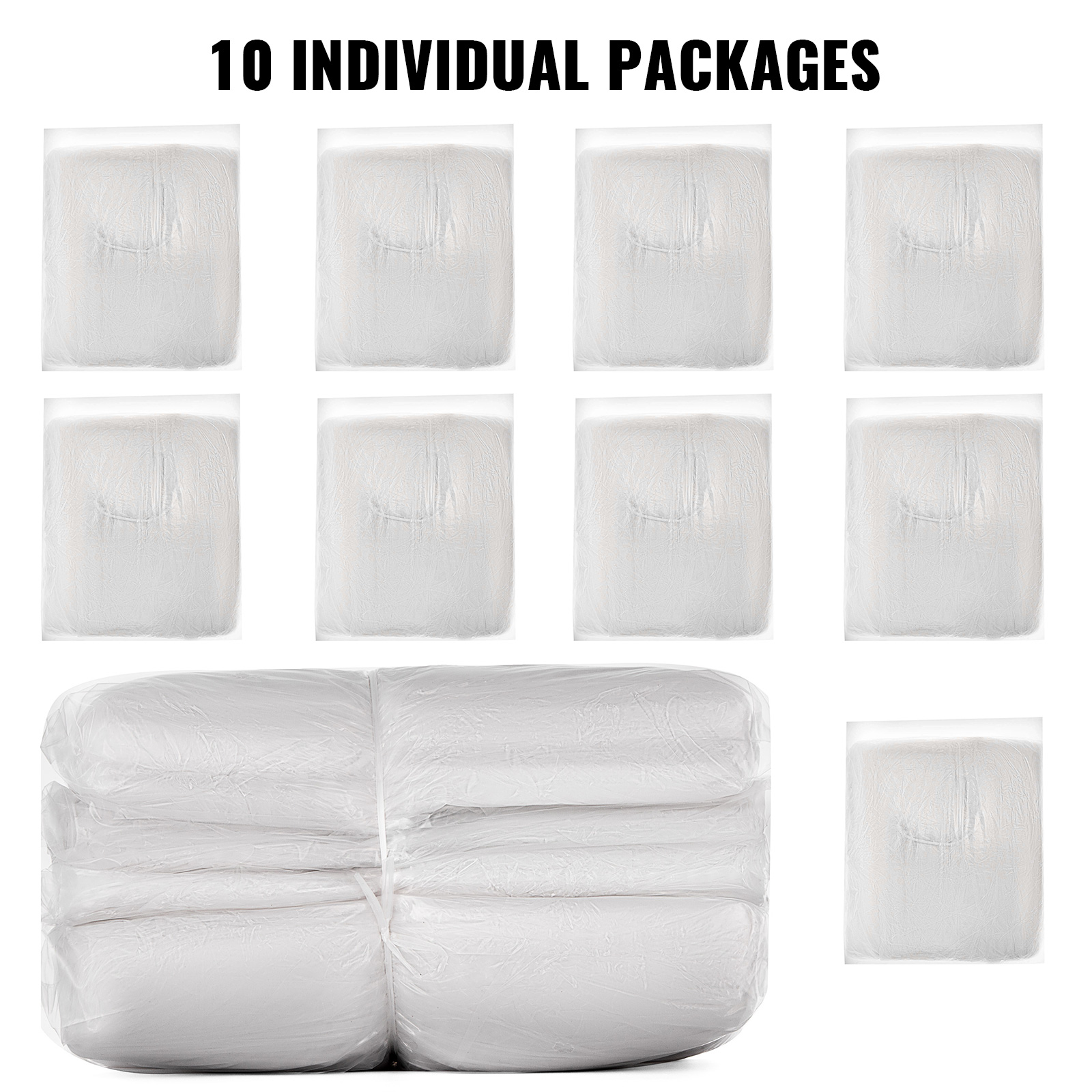 VEVOR car cover packs, 10 individual packages wrapped in plastic, stacked neatly.