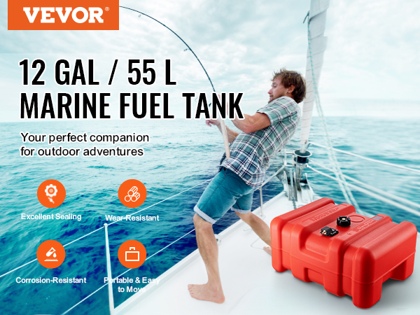 VEVOR marine fuel tank, 12 gal/55 l, highlighted for excellent sealing, durability, and portability.