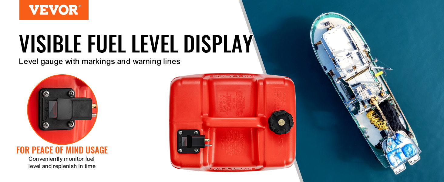 VEVOR marine fuel tank showing visible fuel level gauge and a boat on the ocean for safety usage.