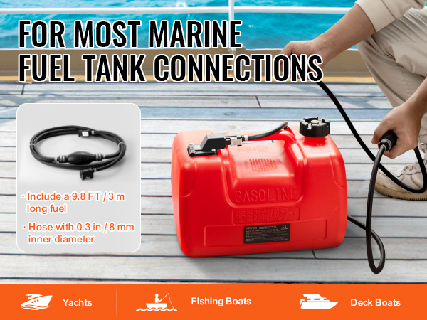 red VEVOR marine fuel tank on a boat deck with hose and blue ocean background.