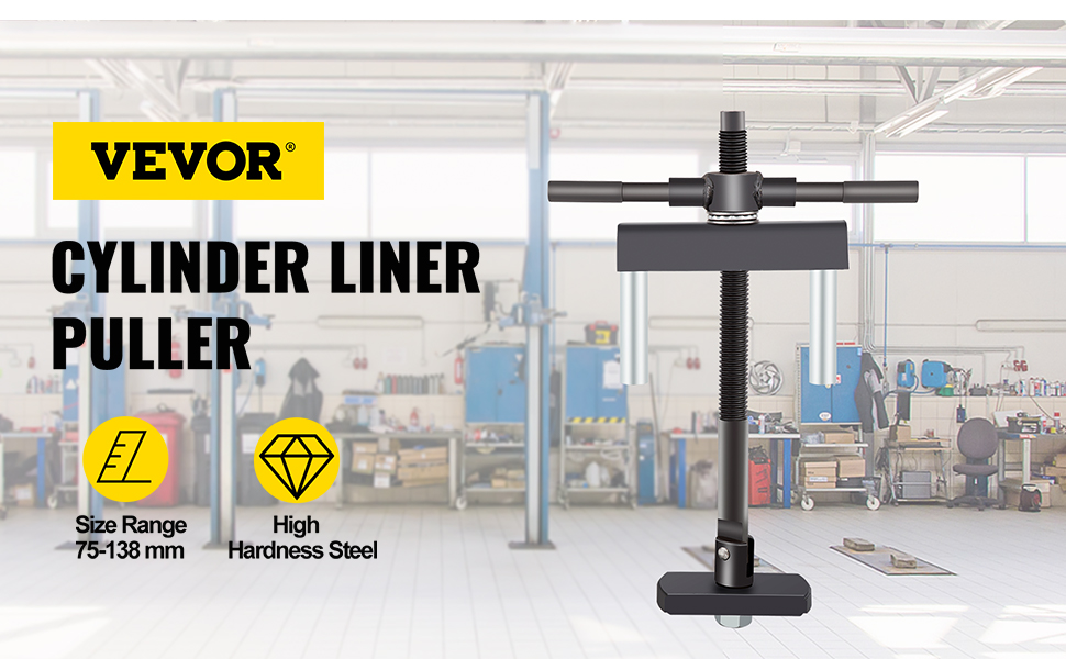 VEVOR cylinder liner puller tool with specifications, showcased in a workshop background.