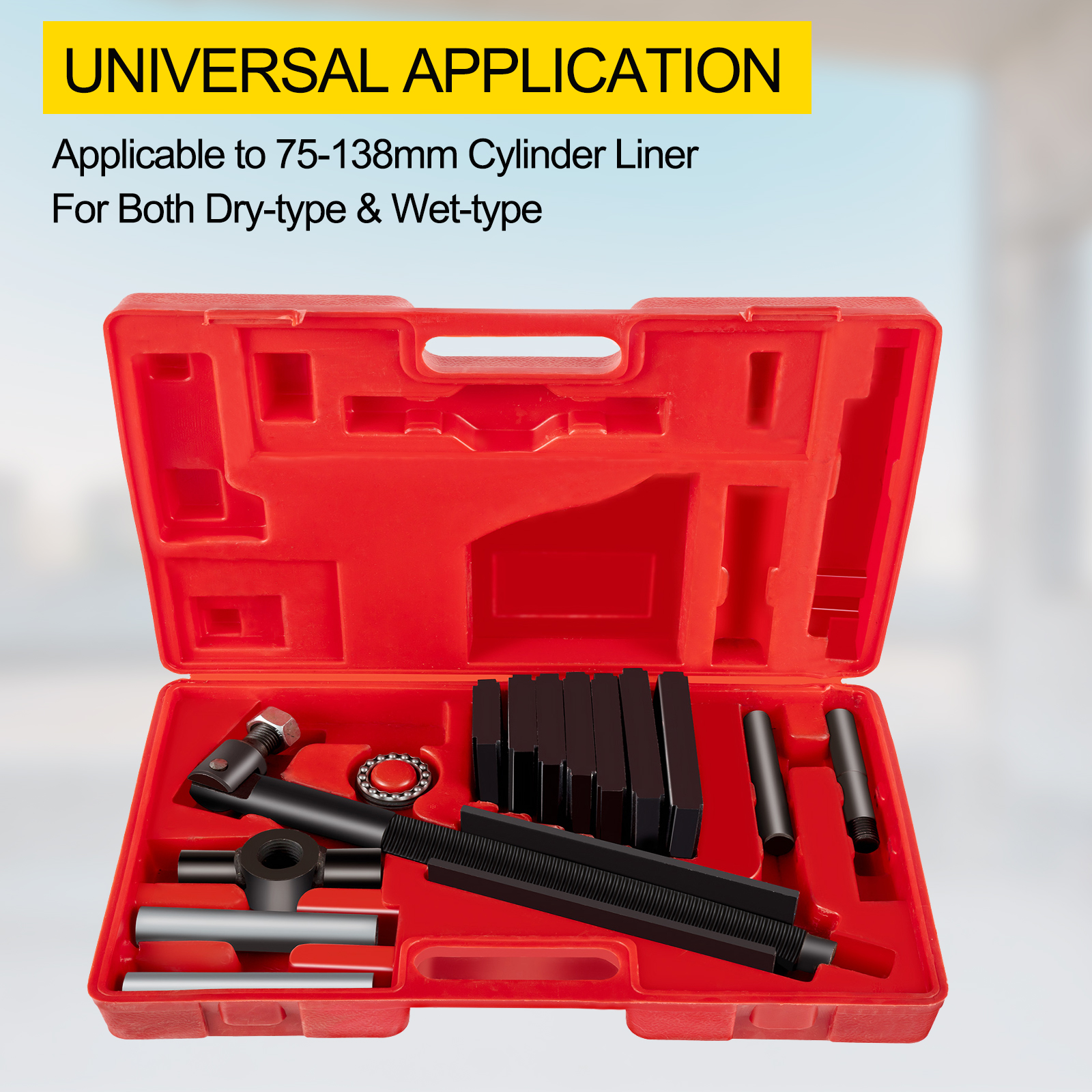VEVOR cylinder liner puller in red case with multiple parts, for various applications.