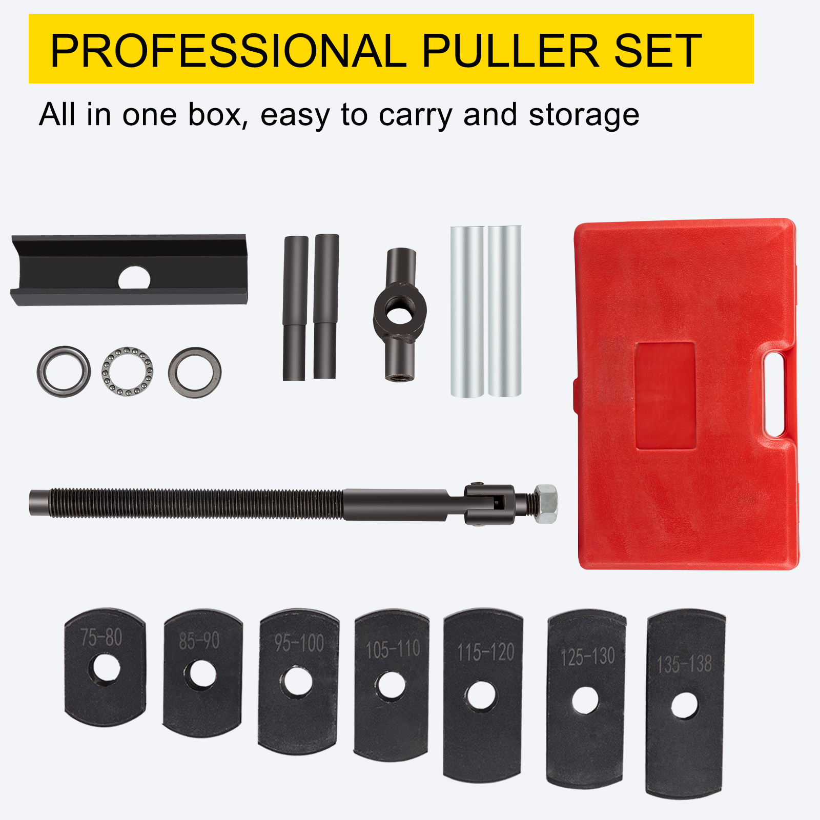 VEVOR cylinder liner puller professional set with tools and carry case arranged neatly.