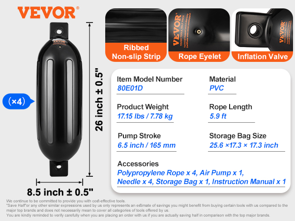 VEVOR boat fenders set of 4 with ribbed non-slip strip, rope eyelet, and inflation valve. size 26 x 8.5 in.
