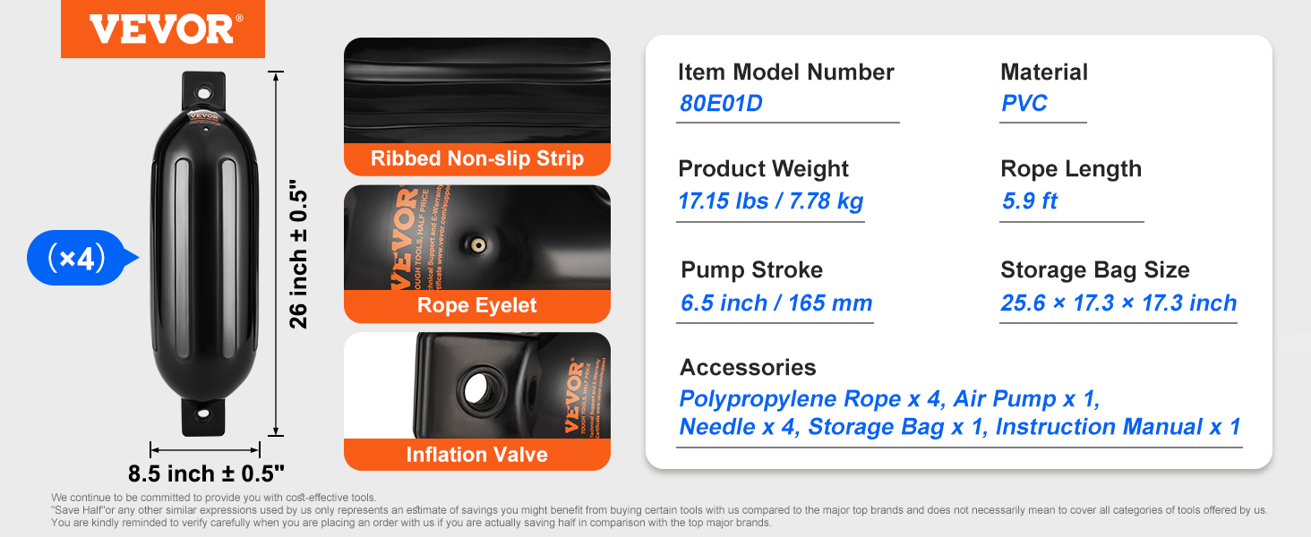 VEVOR boat fenders set of 4 with ribbed non-slip strip, rope eyelet, and inflation valve. size 26 x 8.5 in.