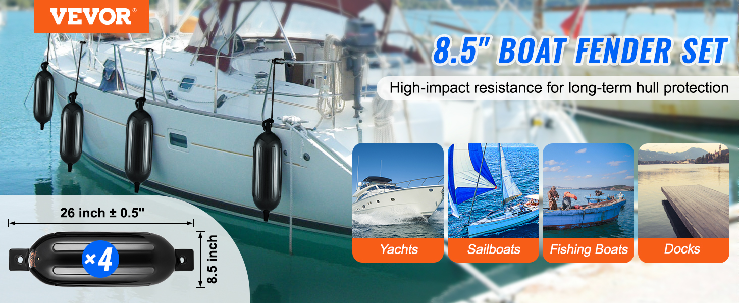 VEVOR boat fenders 8.5" set for yachts, sailboats, fishing boats, docks; high-impact hull protection.