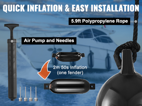 quick inflation and easy installation of VEVOR boat fenders with air pump, needles, and polypropylene rope.