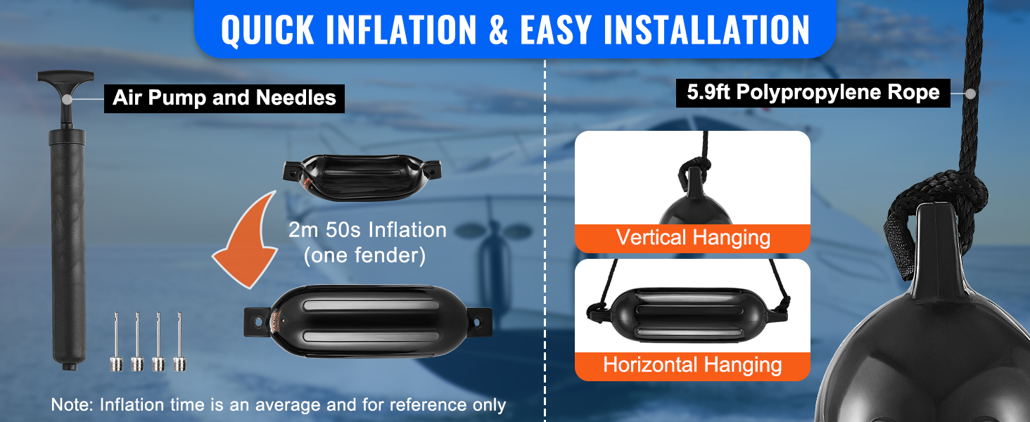 quick inflation and easy installation of VEVOR boat fenders with air pump, needles, and polypropylene rope.