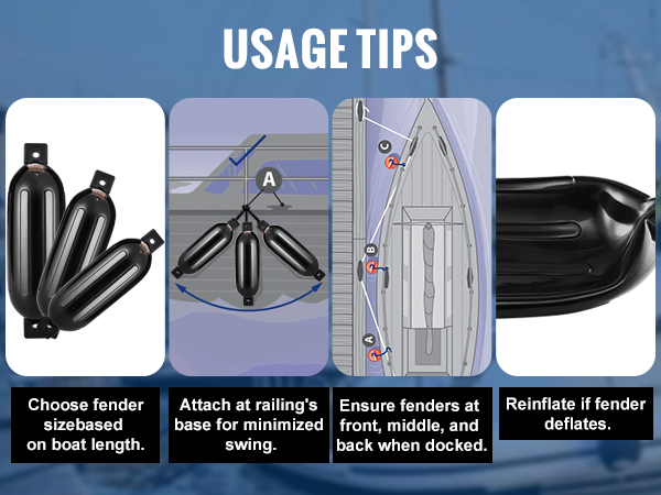 VEVOR boat fenders usage tips: choose size, attach at base, ensure front/middle/back, reinflate if deflated.