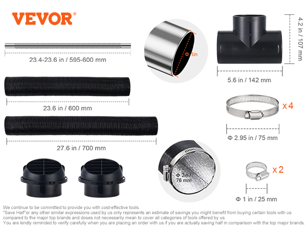 VEVOR diesel heater components including pipes, clamps, and ducts with dimensions.
