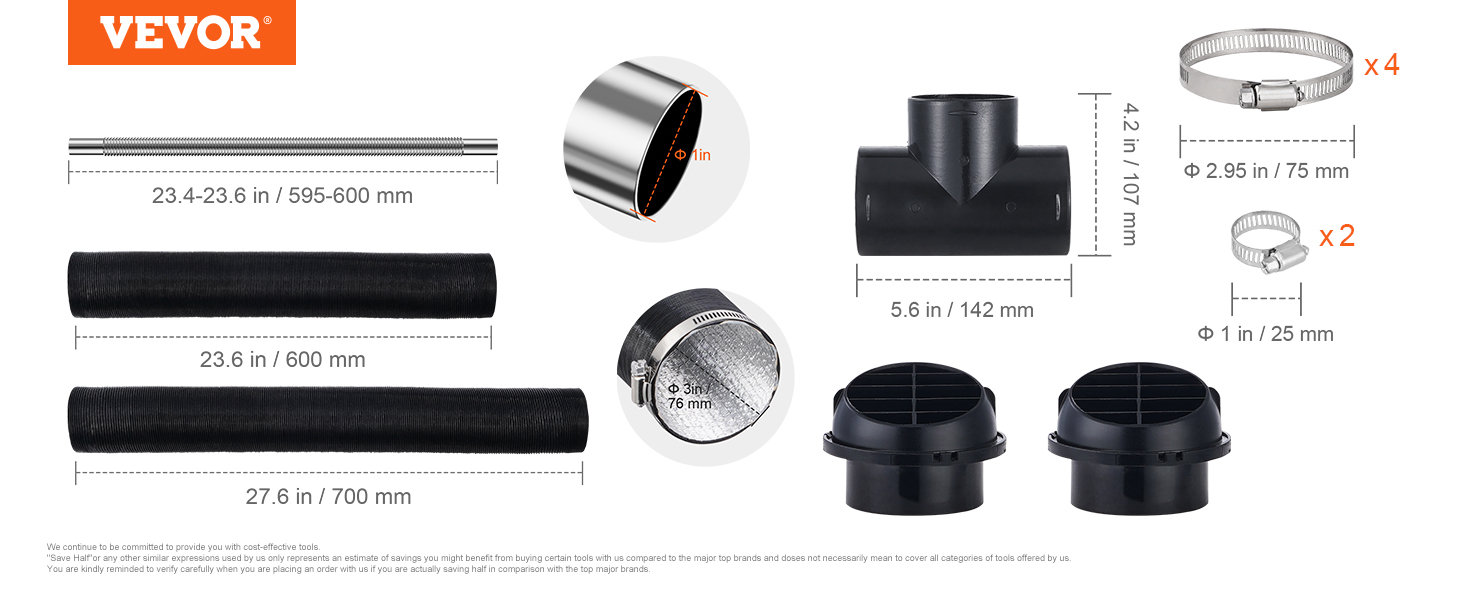 VEVOR diesel heater components including pipes, clamps, and ducts with dimensions.