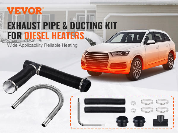 VEVOR diesel heater exhaust pipe and ducting kit showcased with vehicle and product components.
