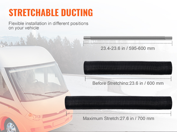 stretchable ducting for flexible installation on vehicles with VEVOR diesel heater, various lengths shown.