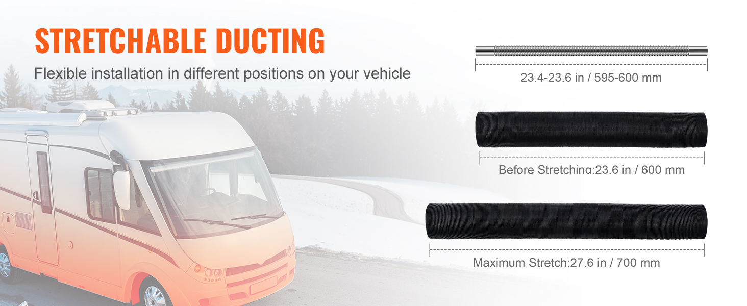 stretchable ducting for flexible installation on vehicles with VEVOR diesel heater, various lengths shown.