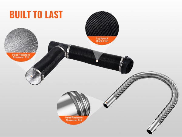 VEVOR diesel heater components with heat-resistant aluminum foil, lightproof black film, and stainless steel material.