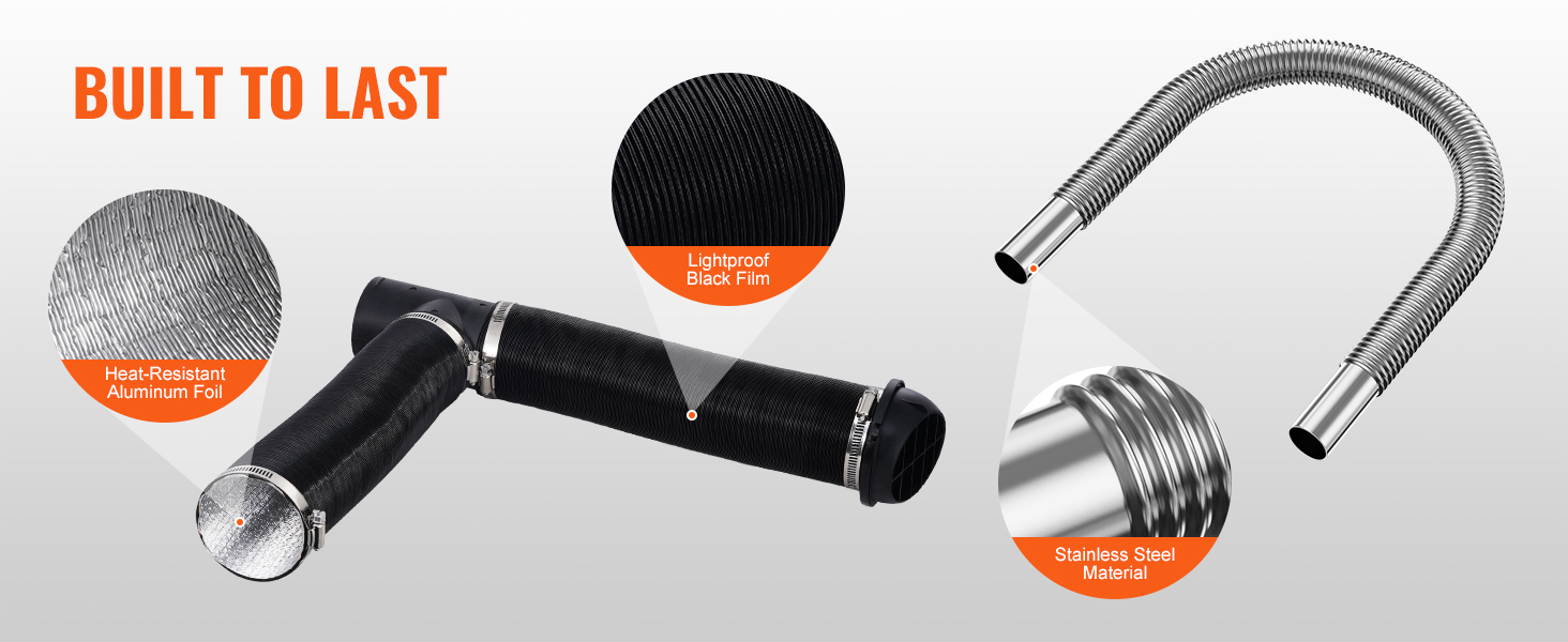 VEVOR diesel heater components with heat-resistant aluminum foil, lightproof black film, and stainless steel material.