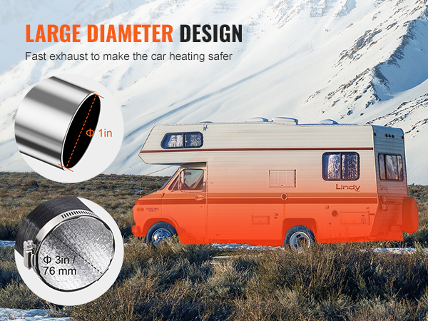 large diameter exhaust pipes for VEVOR diesel heater shown with a camper in a snowy mountain landscape.
