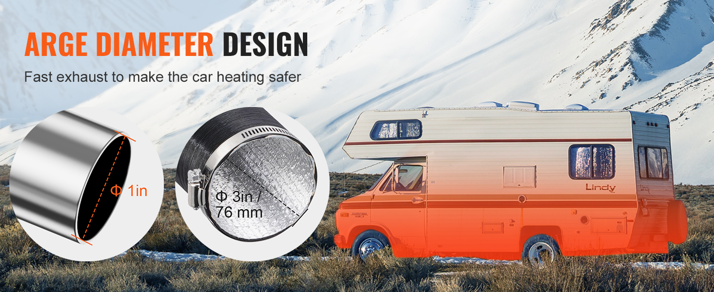 large diameter exhaust pipes for VEVOR diesel heater shown with a camper in a snowy mountain landscape.