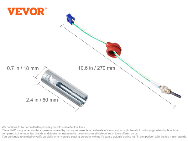 VEVOR diesel heater repair kit with 0.7 x 2.4 in pipe and 10.6 in wiring.