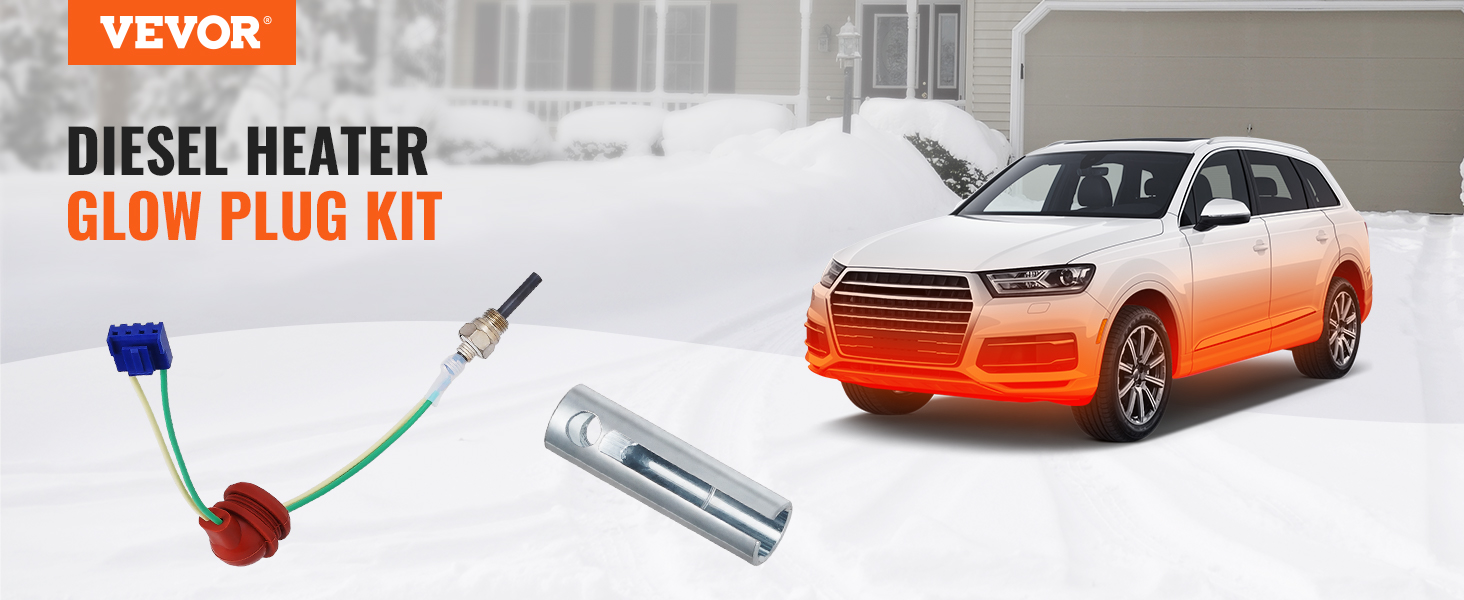VEVOR diesel heater repair kit, glow plug, car in snowy driveway, house in background.