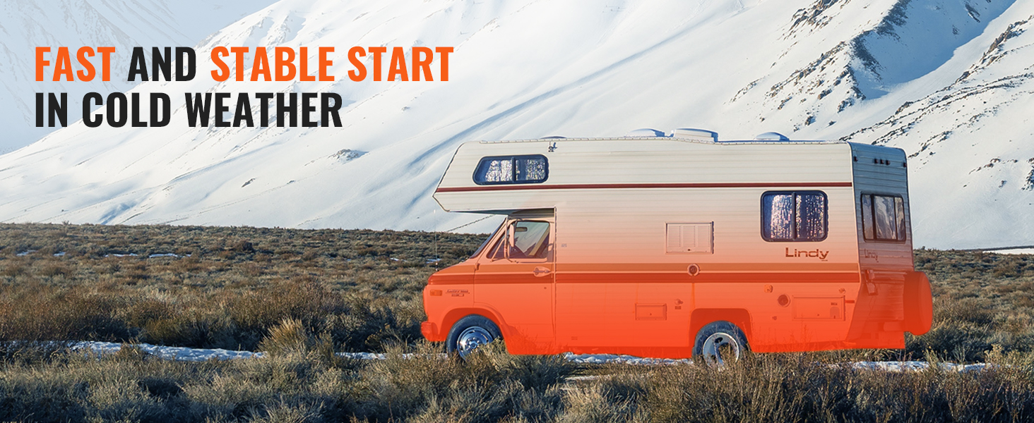 rv in snowy landscape with text: fast and stable start in cold weather. VEVOR diesel heater repair kit.