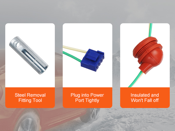 steel removal fitting tool, power port plug, and insulated connector from VEVOR diesel heater repair kit.