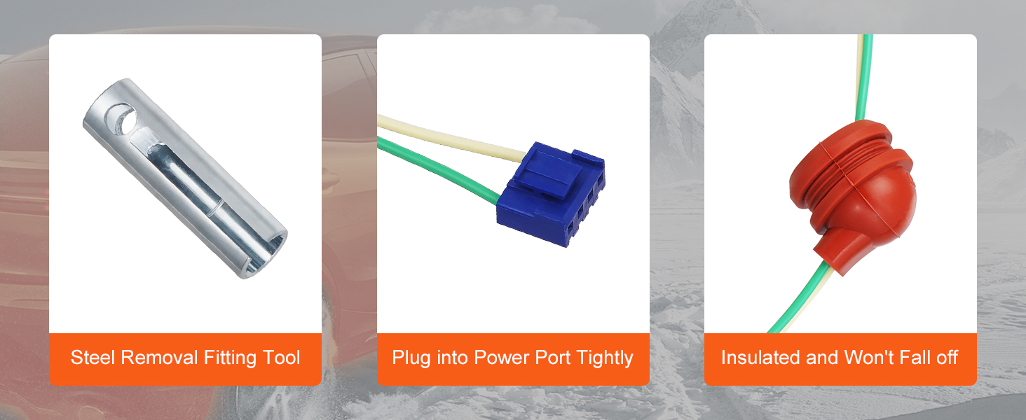 steel removal fitting tool, power port plug, and insulated connector from VEVOR diesel heater repair kit.