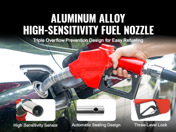 aluminum alloy fuel nozzle with high sensitivity sensor, three-level lock, and automatic sealing design.
