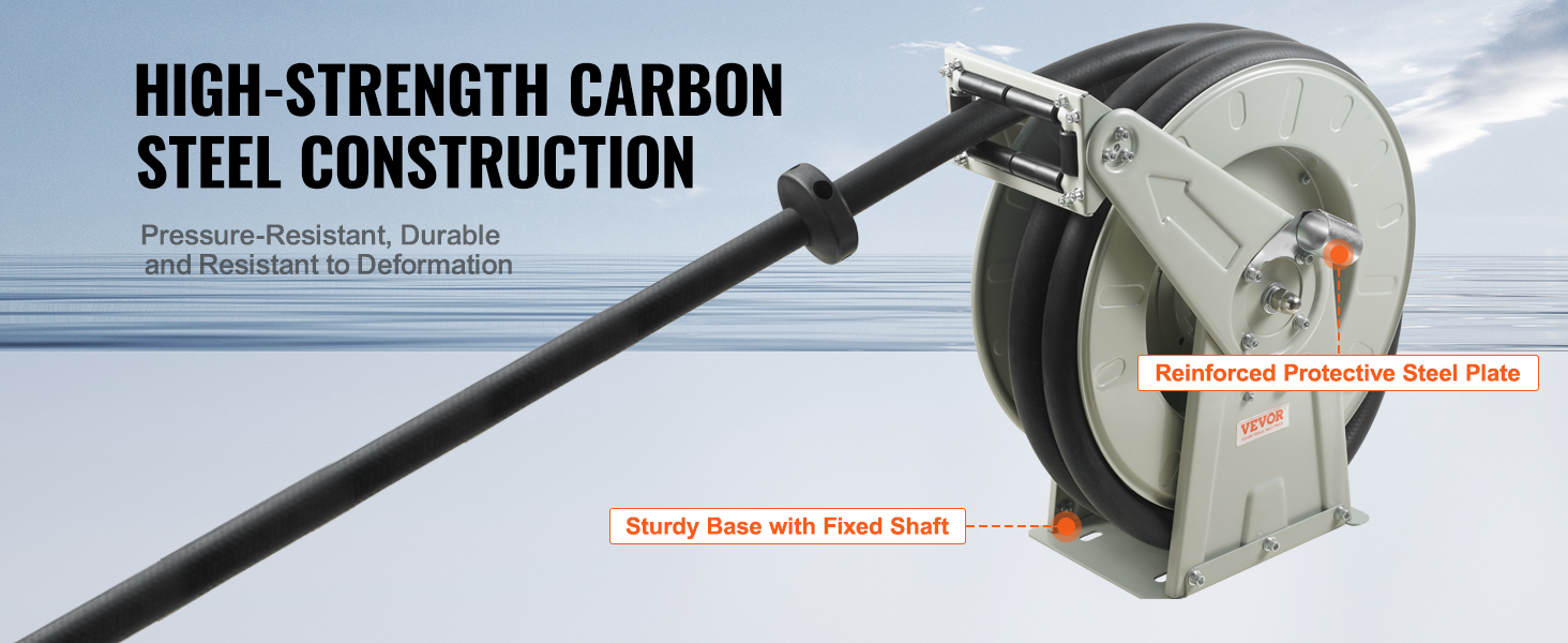 VEVOR fuel hose reel with high-strength carbon steel construction, a sturdy base, and reinforced steel plate.