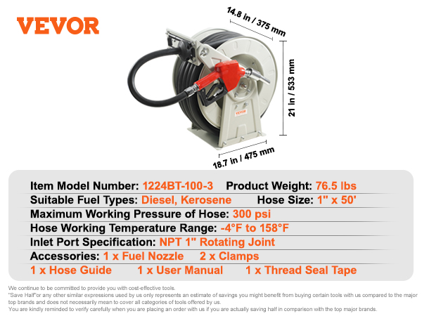 VEVOR fuel hose reel with 1"x50' hose, 300 psi max pressure, for diesel and kerosene, includes accessories.