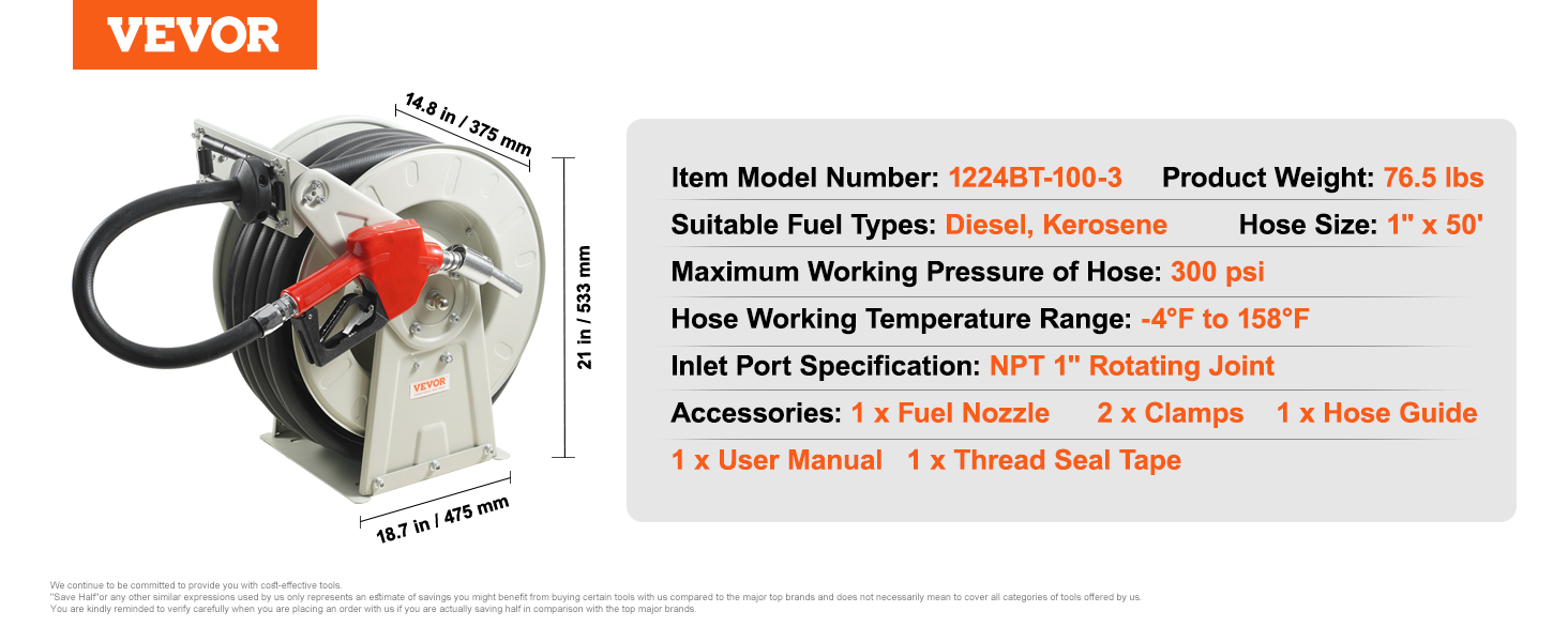 VEVOR fuel hose reel with 1"x50' hose, 300 psi max pressure, for diesel and kerosene, includes accessories.