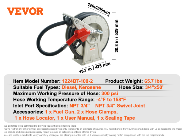 VEVOR fuel hose reel, 3/4"x50', 300 psi, for diesel and kerosene, with fuel gun, hose locator, and clamps.