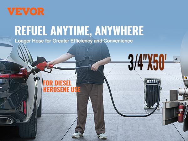 VEVOR fuel hose reel 3/4"x50' being used to refuel car, promoting efficiency and convenience for diesel/kerosene.