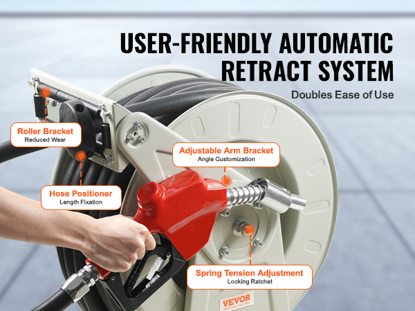 VEVOR fuel hose reel with automatic retract system, roller bracket, adjustable arm bracket, and hose positioner.