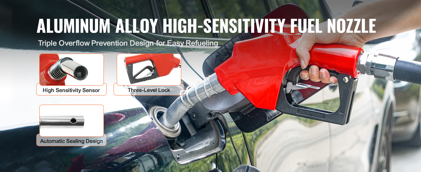 aluminum fuel nozzle with high sensitivity sensor, three-level lock, and automatic sealing for easy refueling.