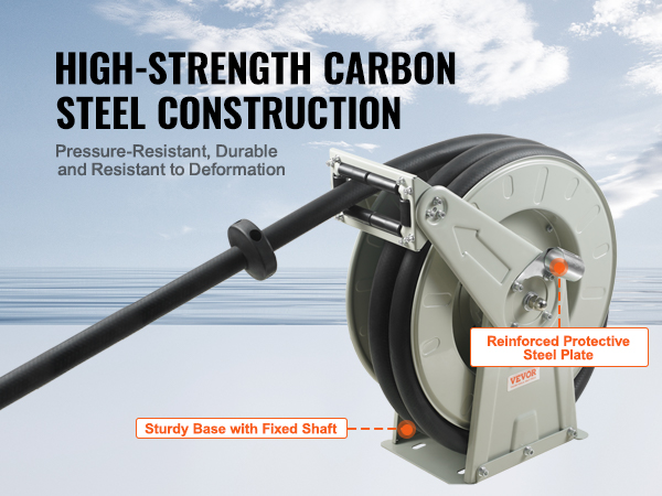 high-strength VEVOR fuel hose reel with carbon steel construction, reinforced protective steel plate.