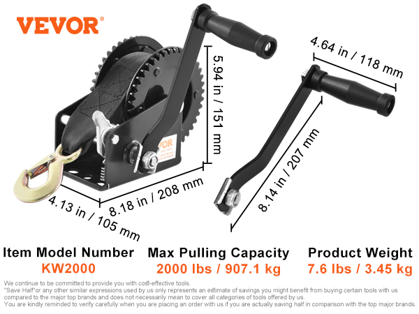 VEVOR hand winch kw2000: 2000 lbs capacity, 2-way ratchet, 1-speed, 7.6 lbs, dimensions, black design.
