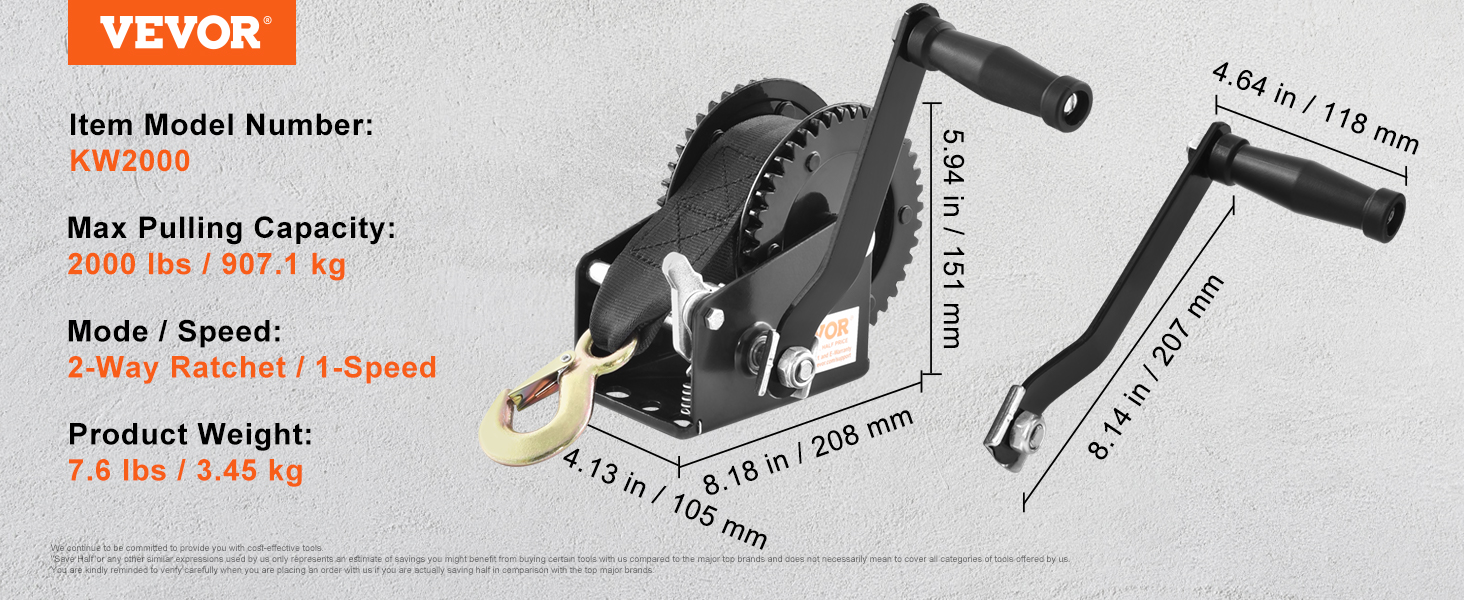 VEVOR hand winch kw2000: 2000 lbs capacity, 2-way ratchet, 1-speed, 7.6 lbs, dimensions, black design.