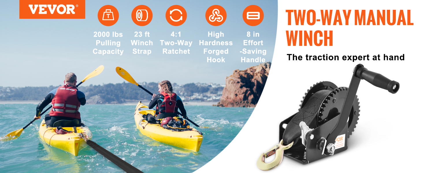 VEVOR hand winch 2000 lbs pulling capacity with 23 ft strap, two-way ratchet, and effort-saving handle.