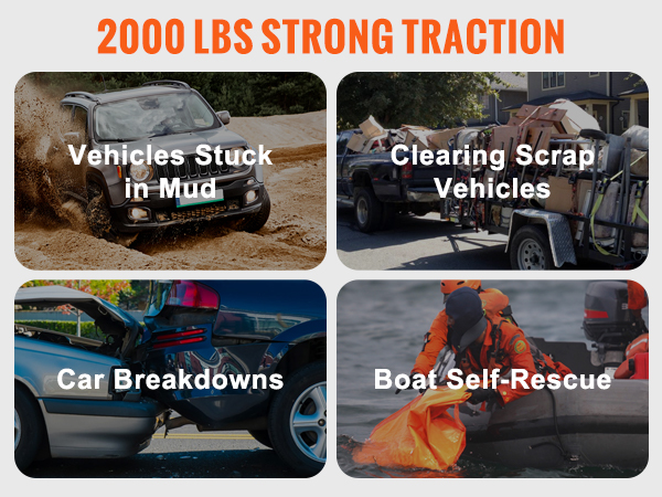 2000 lbs VEVOR hand winch for vehicles stuck in mud, clearing scrap, car breakdowns, boat self-rescue.