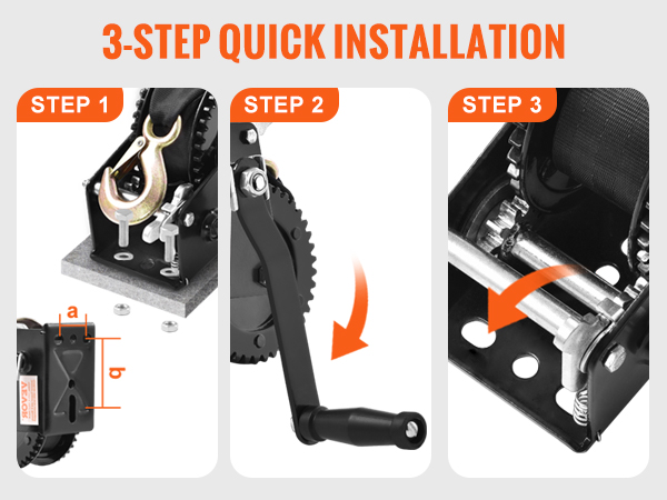 3-step installation guide for VEVOR hand winch; mount bracket, install handle, set ratchet switch.